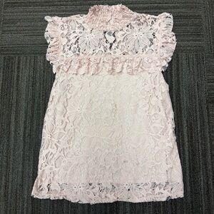 Topshop Blush Pink Lace Top Blouse with Ruffle Sleeves High Neck